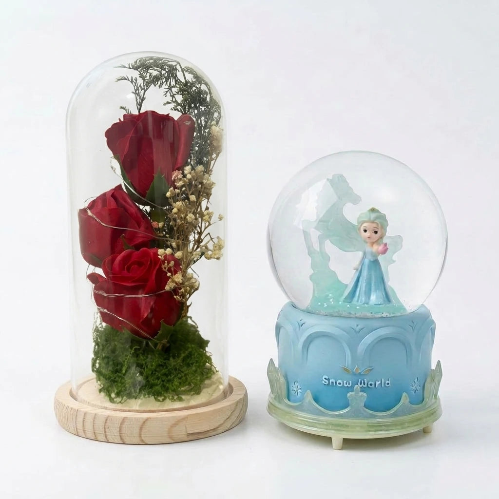 Pack Frozen Magic — Rouge Magic — cloche de roses rouges et boule à neige Snow World, vue de jour