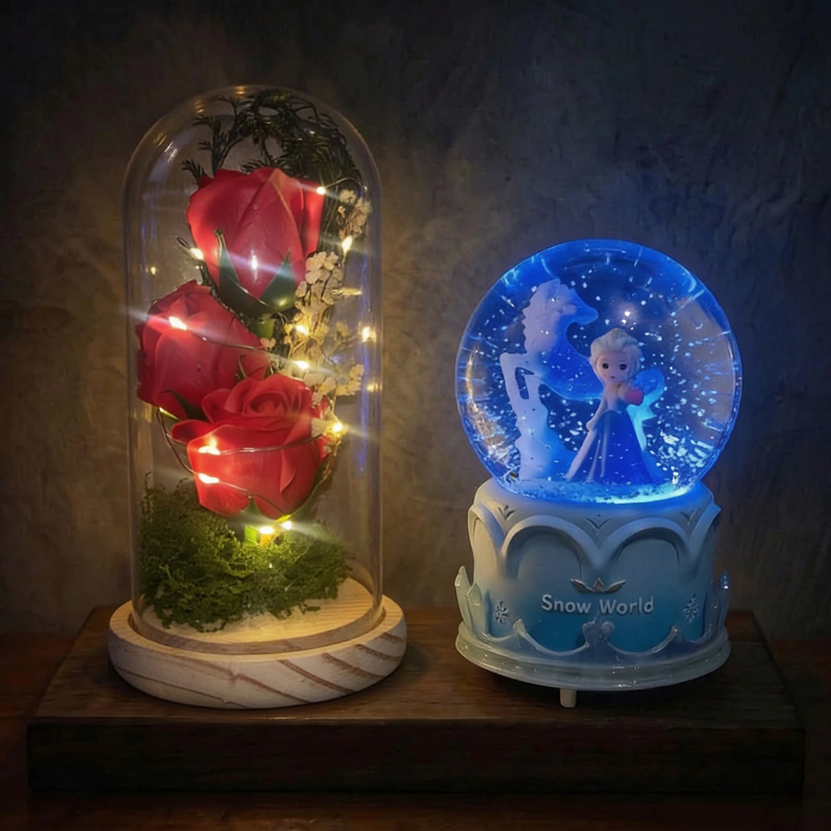 Pack Frozen Magic — Rouge Magic — roses et boule à neige illuminées, vue LED
