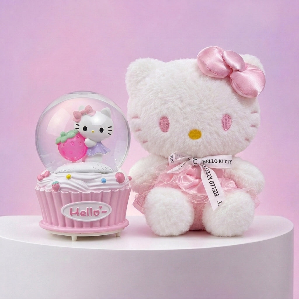 Pack Hello Kitty Lovely Fraise : boule à neige et peluche rose