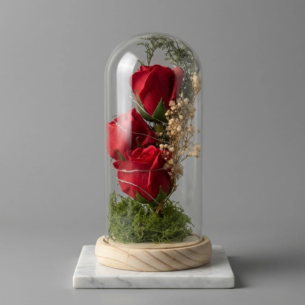 Roses Éternelles — Rouge Tendresse — vue du socle et des détails floraux